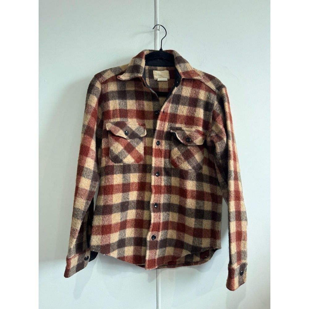 Vintage Melton Wool Jacket Mens Small Brown Plaid Button Shirt Jac Workwear